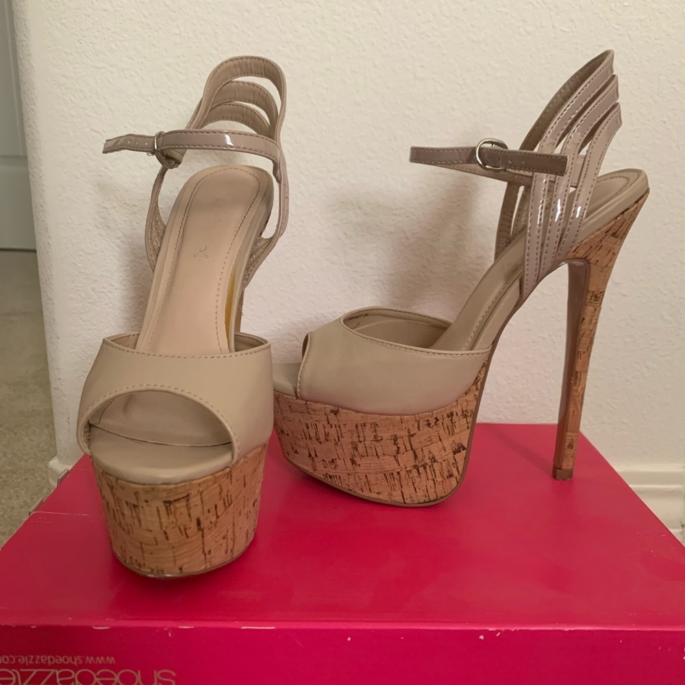 Sandy, nude, strap cork heels.